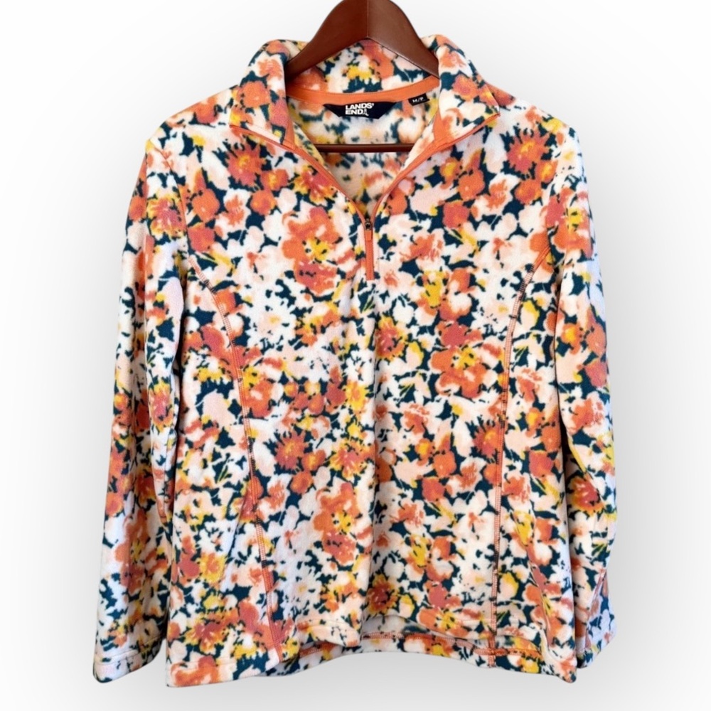Land's End Floral Fleece Quarter Zip Pullover M/P 10-12 EUC Women's Long Sleeve
